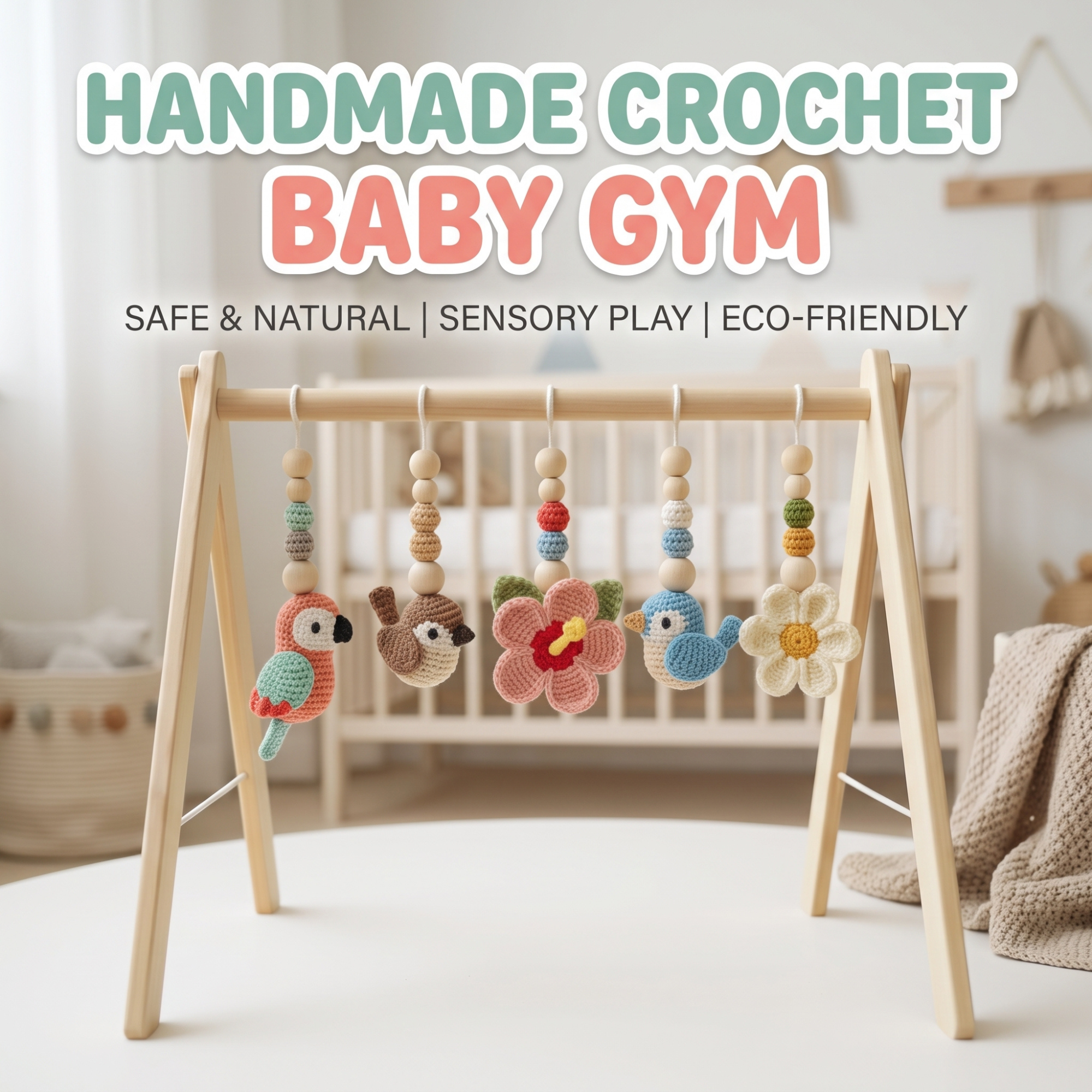 Handmade Bird Baby Gym | Wooden Baby Play Gym with Crochet Bird & Flower Toys | Montessori Activity Gym | Neutral Nursery Decor | Baby Shower Gift