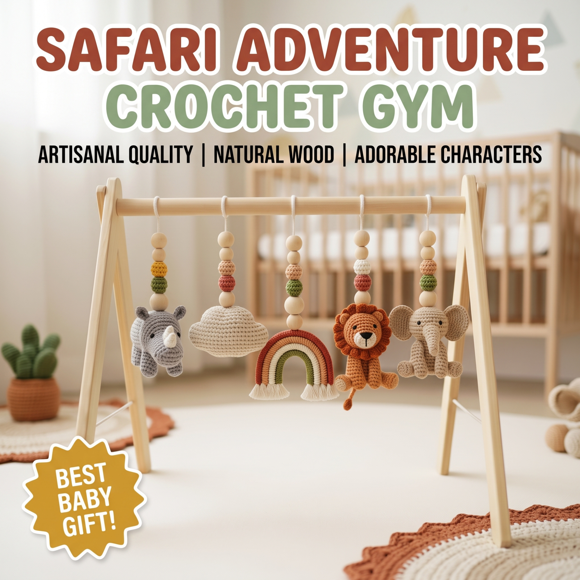 Rainbow Safari Baby Gym | Handmade Wooden Baby Play Gym with Crochet Jungle Animals | Montessori Activity Gym | Neutral Nursery Decor Gift