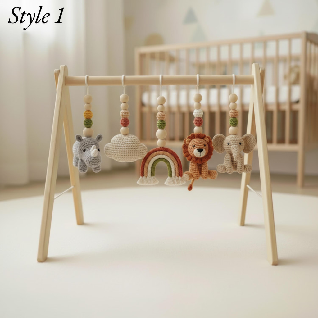 Rainbow Safari Baby Gym | Handmade Wooden Baby Play Gym with Crochet Jungle Animals | Montessori Activity Gym | Neutral Nursery Decor Gift