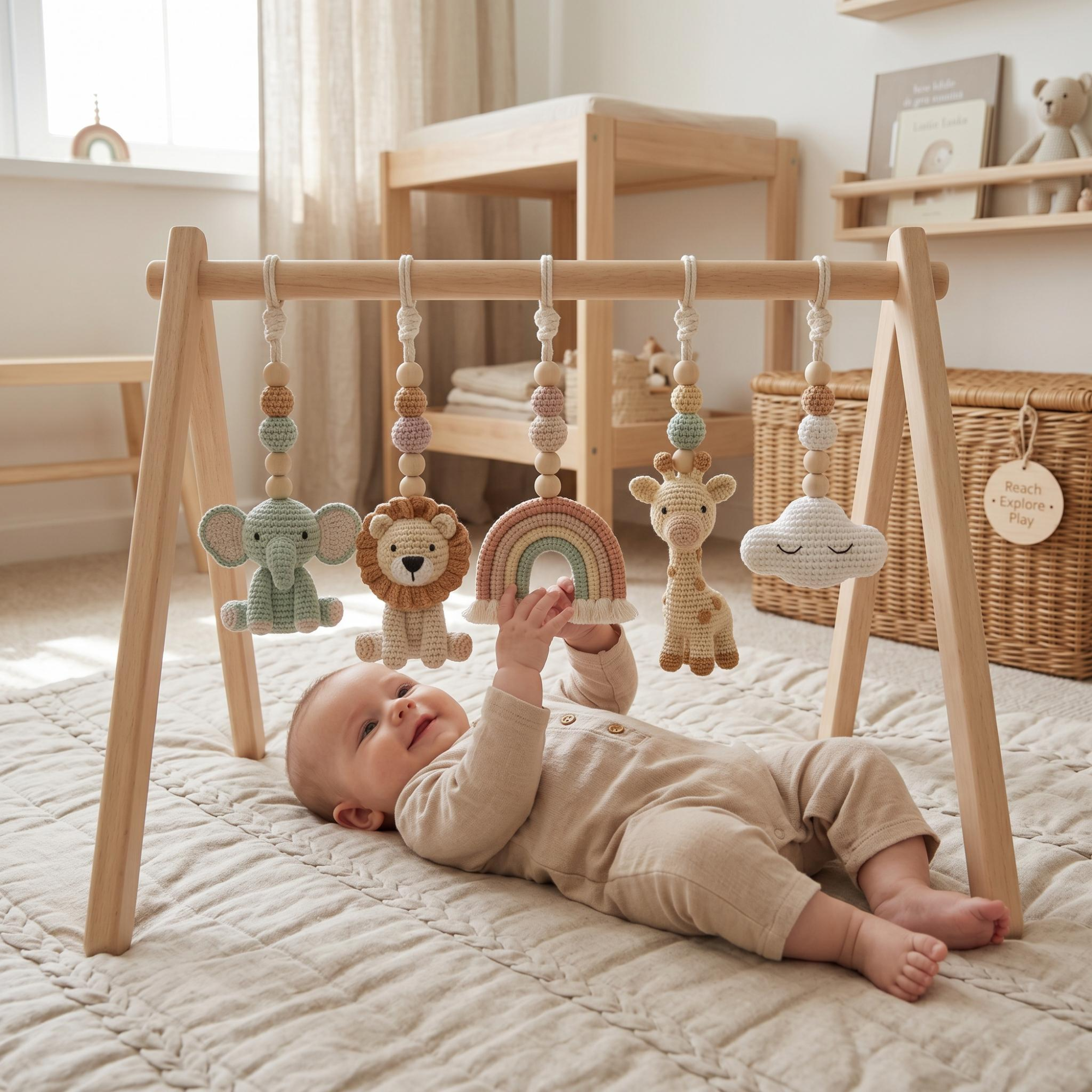 Rainbow Safari Baby Gym | Handmade Wooden Baby Play Gym with Crochet Jungle Animals | Montessori Activity Gym | Neutral Nursery Decor Gift