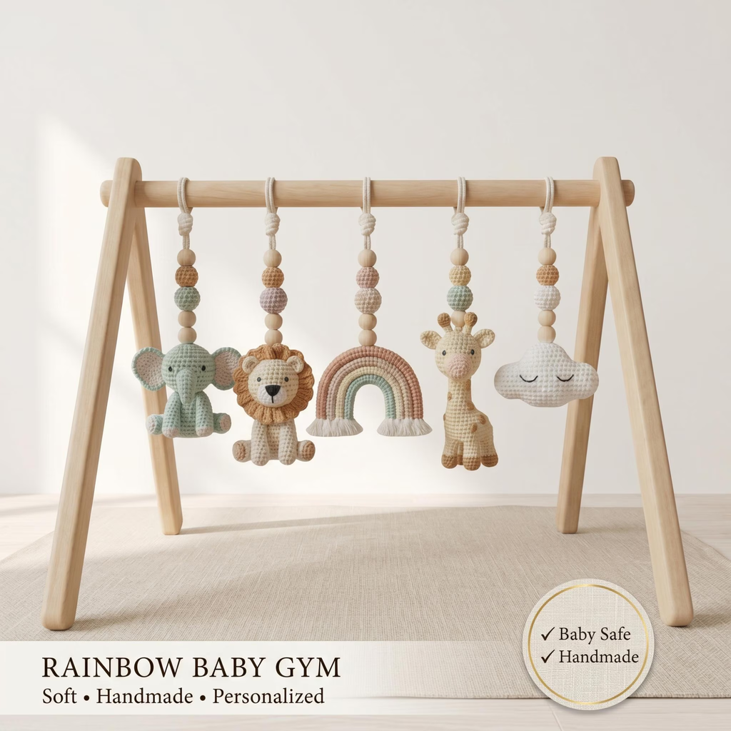Rainbow Safari Baby Gym | Handmade Wooden Baby Play Gym with Crochet Jungle Animals | Montessori Activity Gym | Neutral Nursery Decor Gift