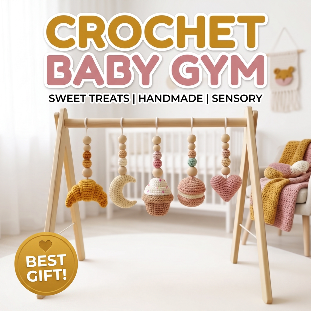 Handmade Crochet Baby Play Gym, Custom Wooden Montessori Baby Gym, Sweet Dessert Hanging Toys, Neutral Nursery Decor, Baby Shower Gift