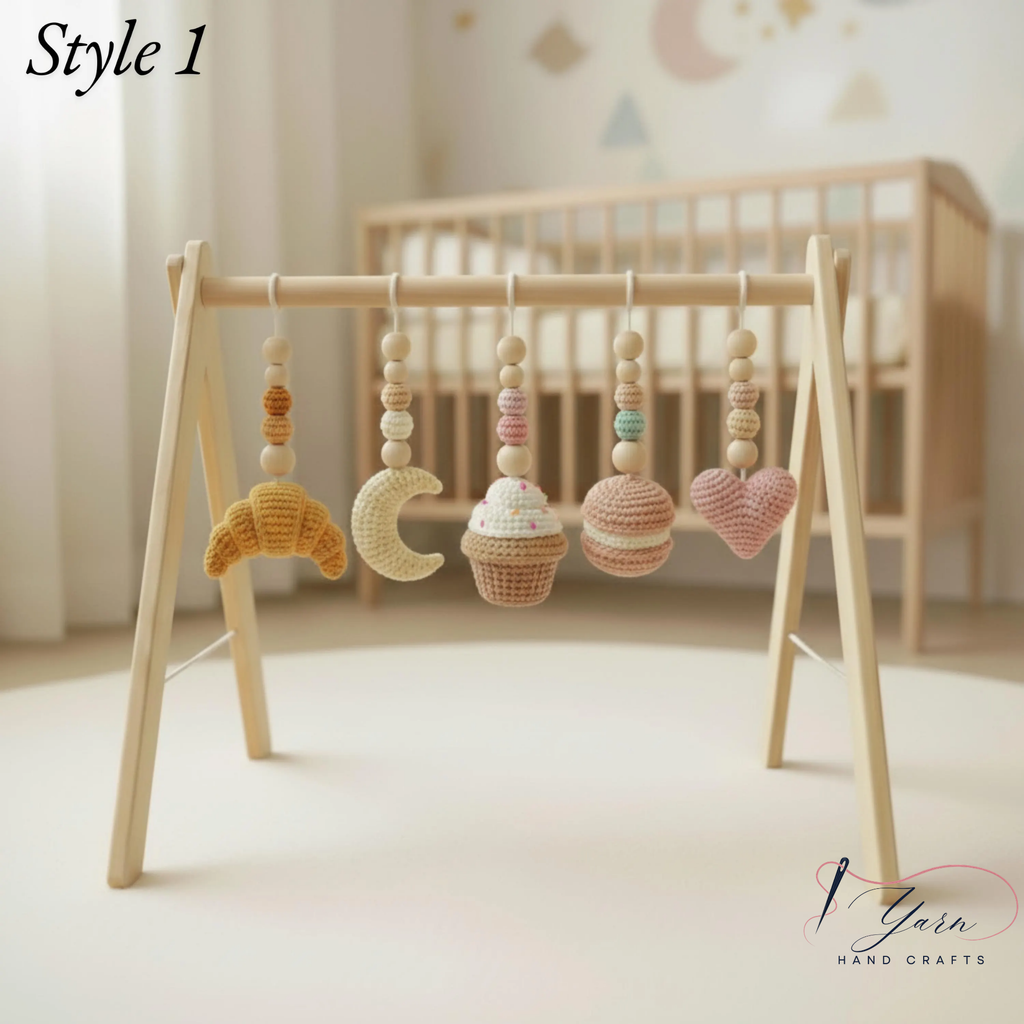 Handmade Crochet Baby Play Gym, Custom Wooden Montessori Baby Gym, Sweet Dessert Hanging Toys, Neutral Nursery Decor, Baby Shower Gift