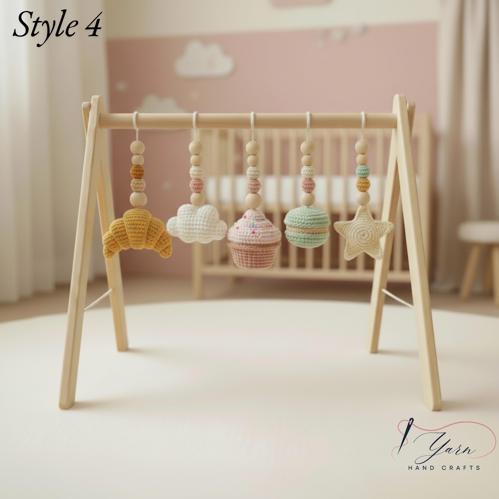 Handmade Crochet Baby Play Gym, Custom Wooden Montessori Baby Gym, Sweet Dessert Hanging Toys, Neutral Nursery Decor, Baby Shower Gift