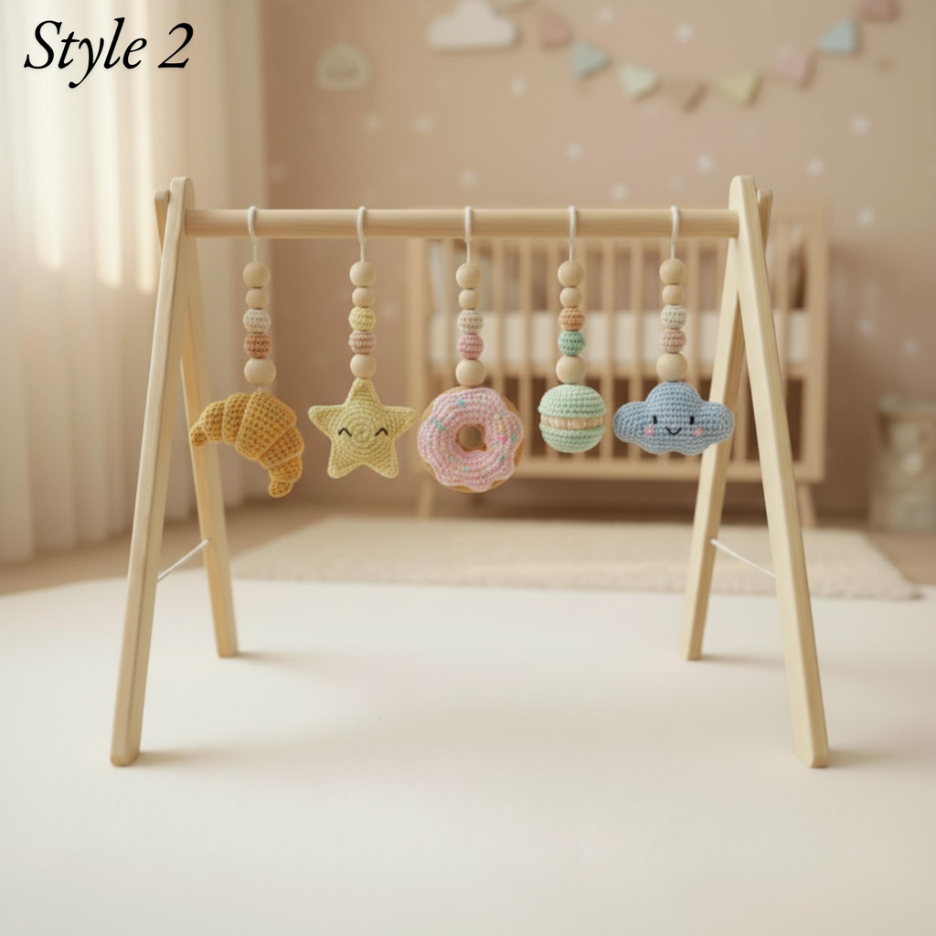 Handmade Crochet Baby Play Gym, Custom Wooden Montessori Baby Gym, Sweet Dessert Hanging Toys, Neutral Nursery Decor, Baby Shower Gift