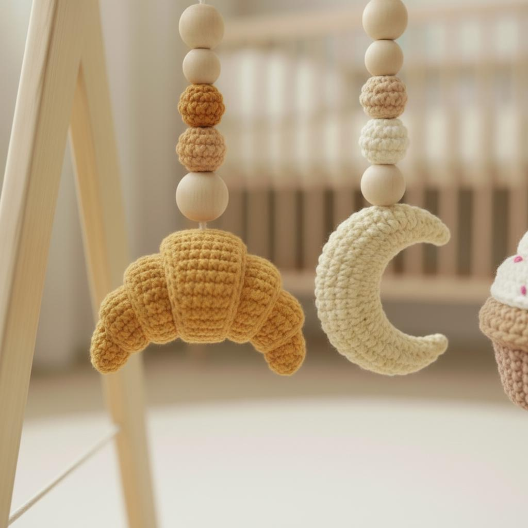 Handmade Crochet Baby Play Gym, Custom Wooden Montessori Baby Gym, Sweet Dessert Hanging Toys, Neutral Nursery Decor, Baby Shower Gift