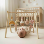 Handmade Crochet Baby Play Gym, Custom Wooden Montessori Baby Gym, Sweet Dessert Hanging Toys, Neutral Nursery Decor, Baby Shower Gift