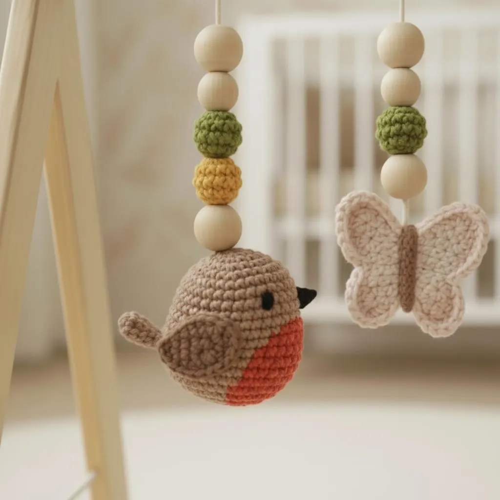 Handmade Crochet Bird Baby Play Gym, Custom Wooden Montessori Baby Gym Toys, Nursery Decor, Baby Activity Gym, Neutral Baby Shower Gift