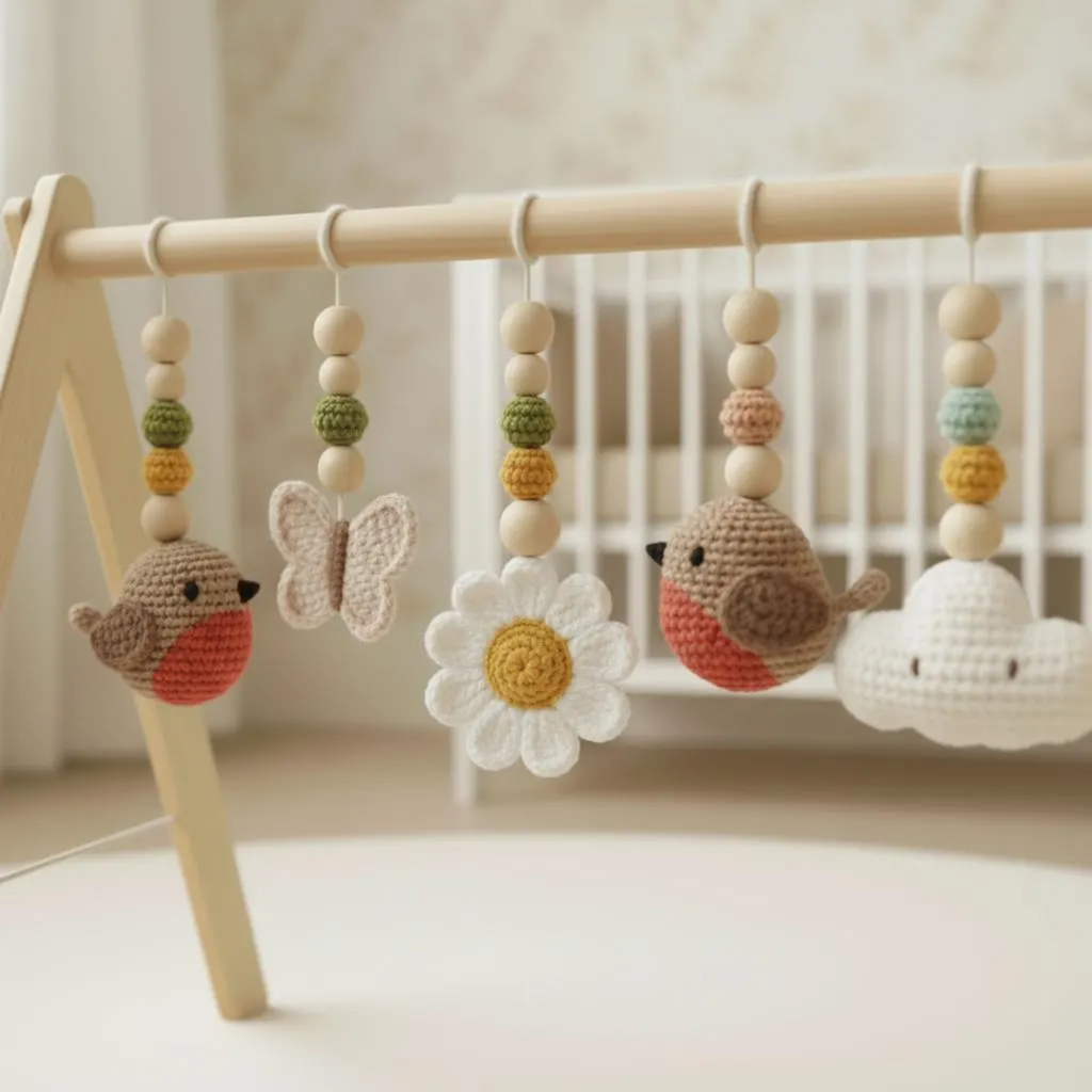 Handmade Crochet Bird Baby Play Gym, Custom Wooden Montessori Baby Gym Toys, Nursery Decor, Baby Activity Gym, Neutral Baby Shower Gift