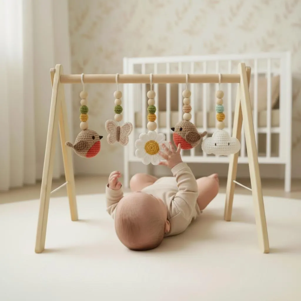 Handmade Crochet Bird Baby Play Gym, Custom Wooden Montessori Baby Gym Toys, Nursery Decor, Baby Activity Gym, Neutral Baby Shower Gift