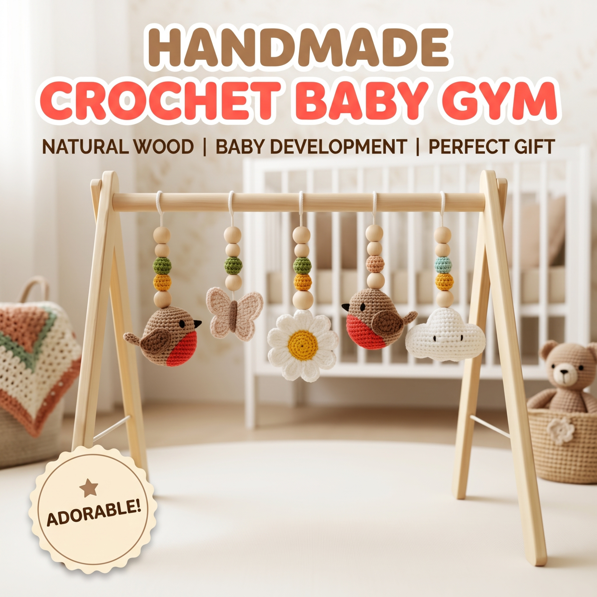 Handmade Crochet Bird Baby Play Gym, Custom Wooden Montessori Baby Gym Toys, Nursery Decor, Baby Activity Gym, Neutral Baby Shower Gift
