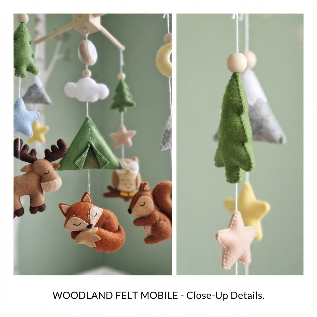 Camping Woodland Felt Baby Mobile, Handmade Forest Crib Hanging with Tent, Moon and Stars, Neutral Nursery Gift