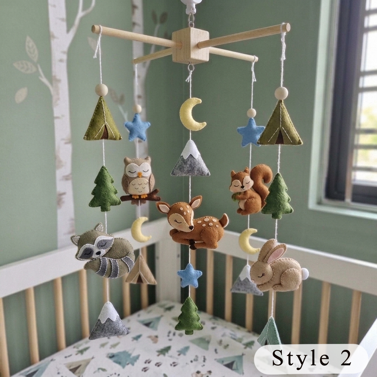 Camping Woodland Felt Baby Mobile, Handmade Forest Crib Hanging with Tent, Moon and Stars, Neutral Nursery Gift