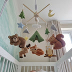 Camping Woodland Felt Baby Mobile, Handmade Forest Crib Hanging with Tent, Moon and Stars, Neutral Nursery Gift