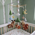 Camping Woodland Felt Baby Mobile, Handmade Forest Crib Hanging with Tent, Moon and Stars, Neutral Nursery Gift