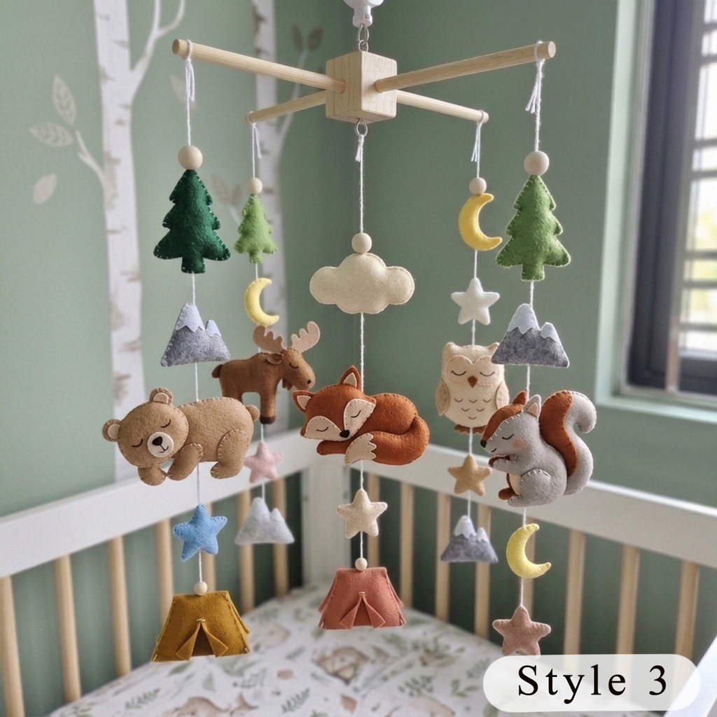 Camping Woodland Felt Baby Mobile, Handmade Forest Crib Hanging with Tent, Moon and Stars, Neutral Nursery Gift