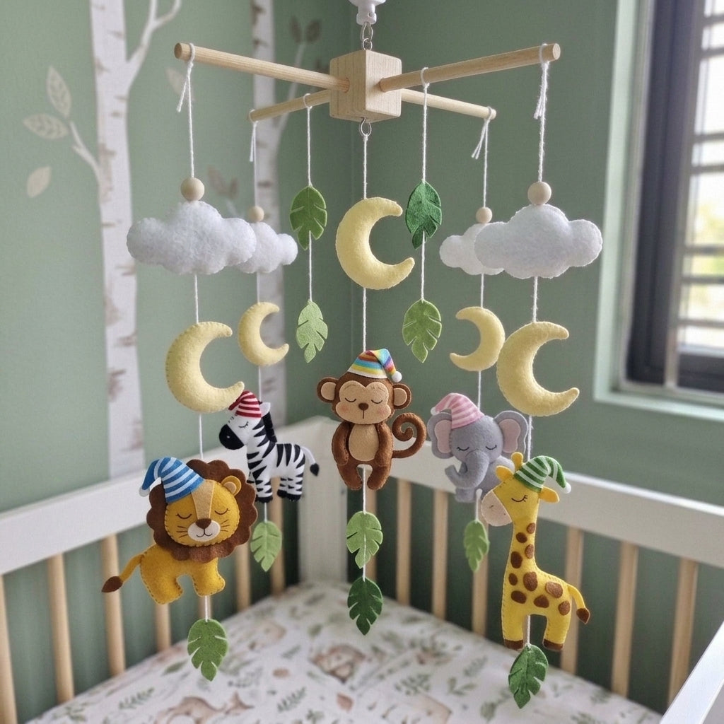 Felt safari baby mobile with monkey, giraffe, elephant, zebra, lion, flowers, stars and tropical leaves