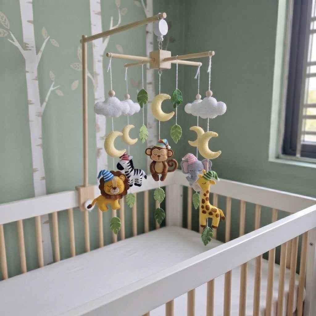 Sleepy Safari Felt Baby Mobile, Handmade Jungle Crib Hanging Decor, Moon and Cloud Nursery Gift