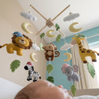 Sleepy Safari Felt Baby Mobile, Handmade Jungle Crib Hanging Decor, Moon and Cloud Nursery Gift