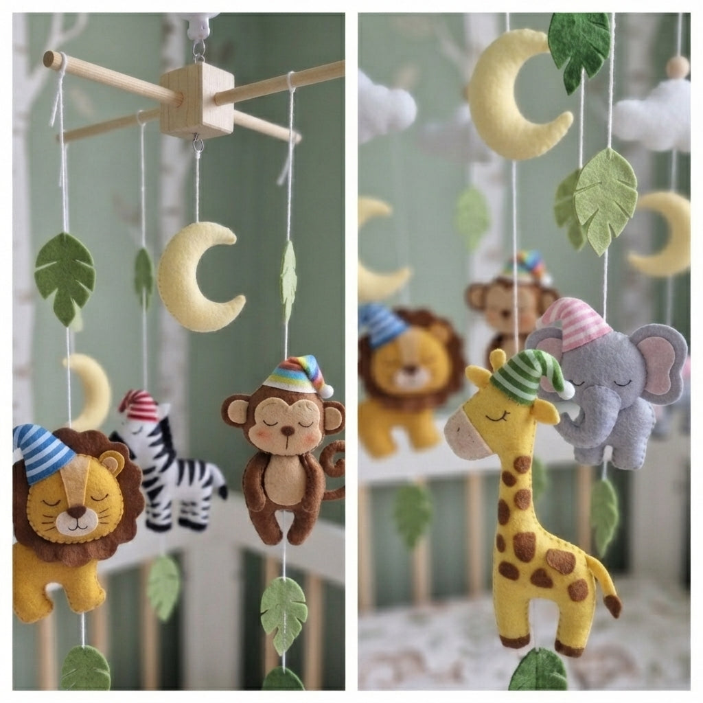 Sleepy Safari Felt Baby Mobile, Handmade Jungle Crib Hanging Decor, Moon and Cloud Nursery Gift