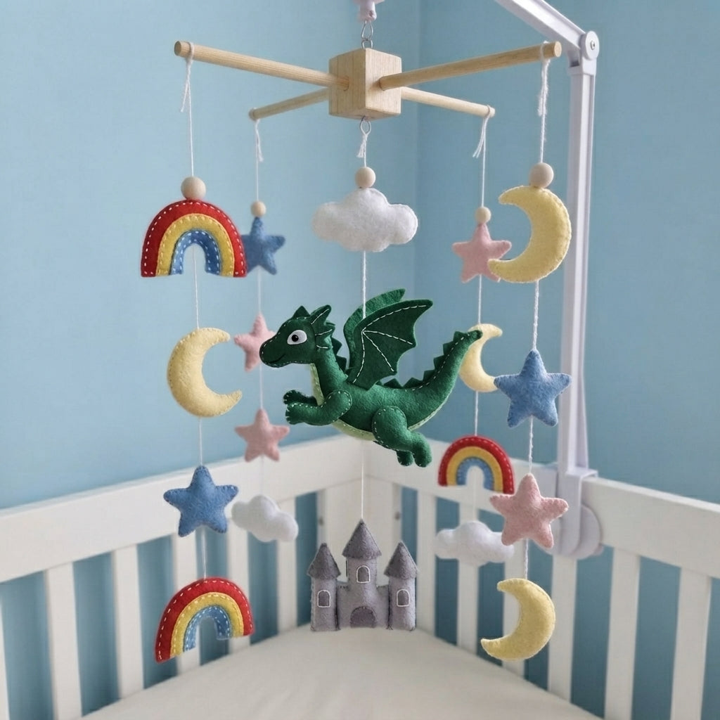 Fantasy Dragon Baby Mobile, Handmade Felt Crib Hanging with Castle, Rainbow, Moon and Stars, Magical Nursery Decor