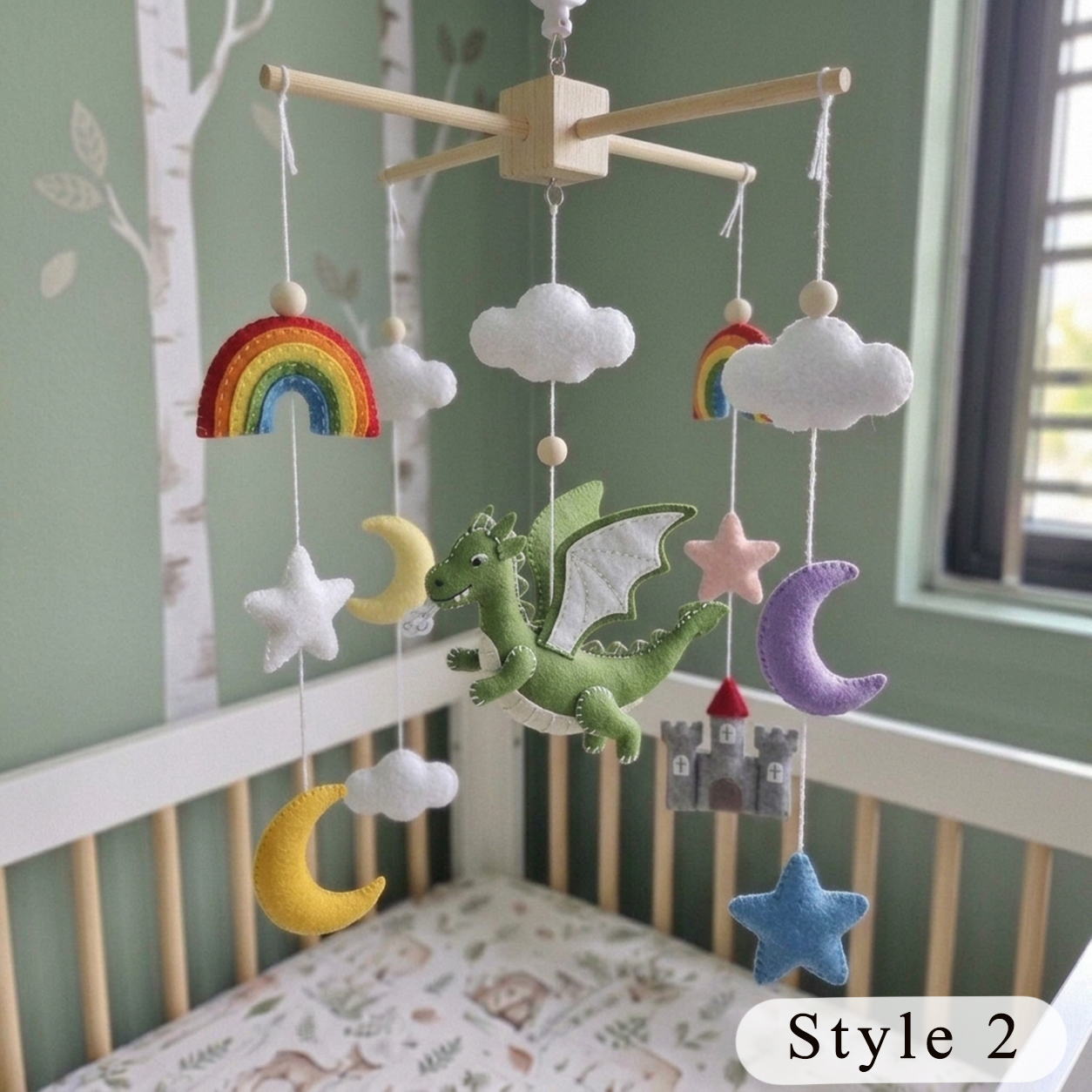 Fantasy Dragon Baby Mobile, Handmade Felt Crib Hanging with Castle, Rainbow, Moon and Stars, Magical Nursery Decor