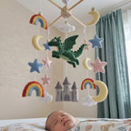 Fantasy Dragon Baby Mobile, Handmade Felt Crib Hanging with Castle, Rainbow, Moon and Stars, Magical Nursery Decor