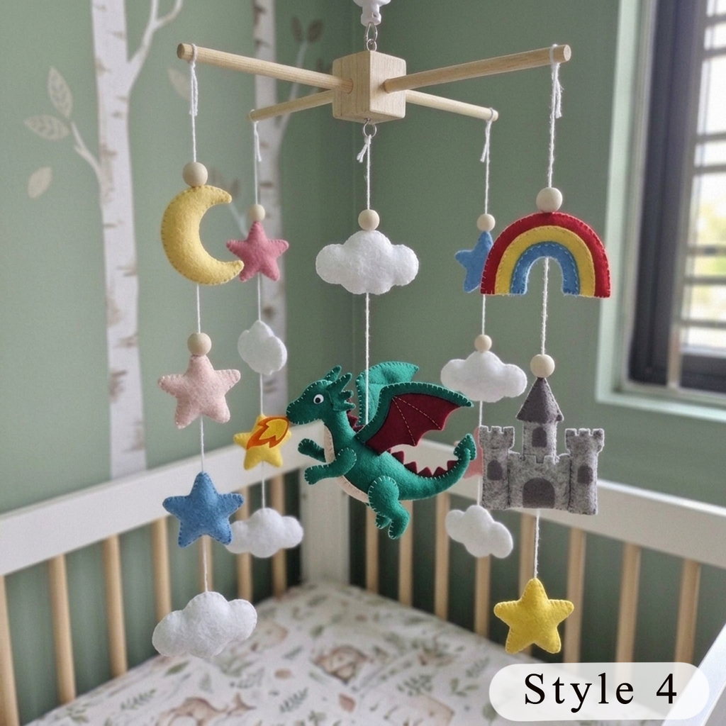 Fantasy Dragon Baby Mobile, Handmade Felt Crib Hanging with Castle, Rainbow, Moon and Stars, Magical Nursery Decor