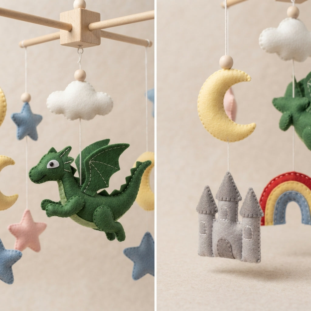 Fantasy Dragon Baby Mobile, Handmade Felt Crib Hanging with Castle, Rainbow, Moon and Stars, Magical Nursery Decor