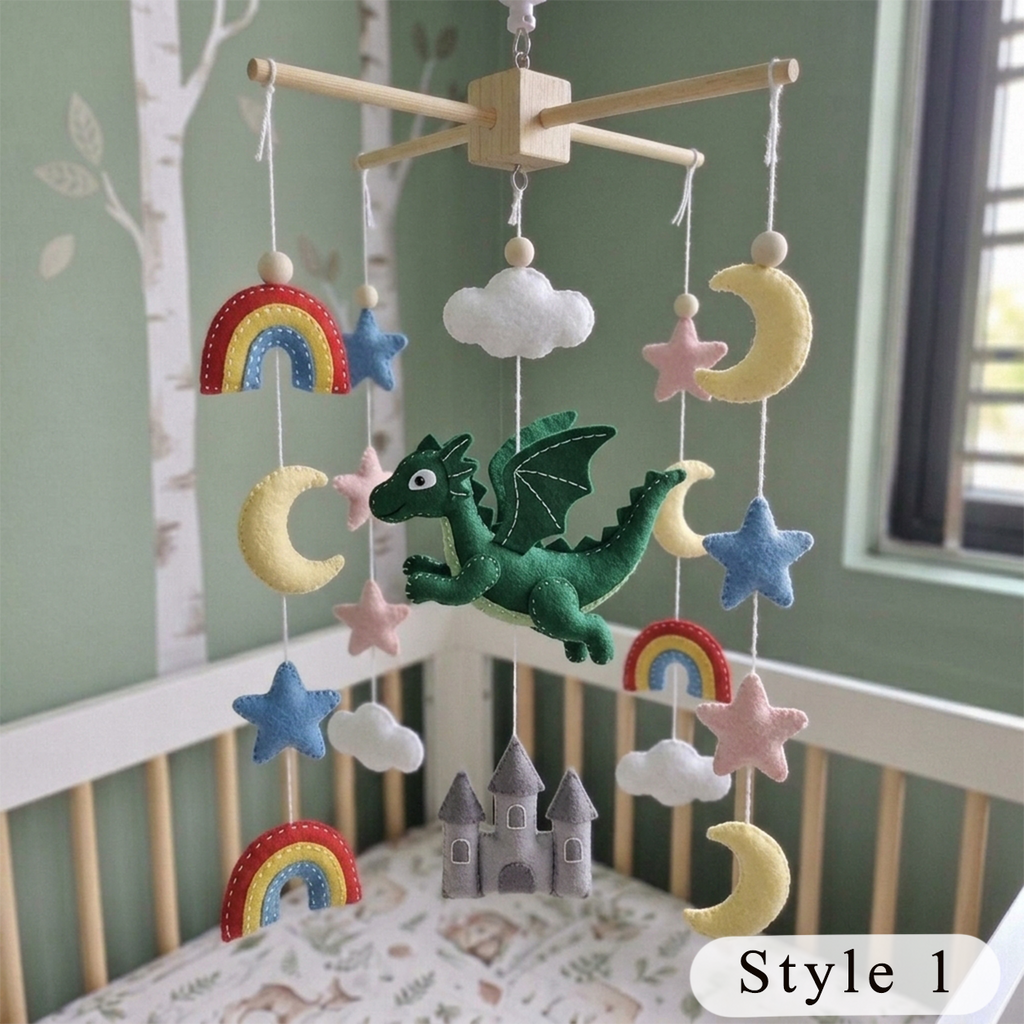 Fantasy Dragon Baby Mobile, Handmade Felt Crib Hanging with Castle, Rainbow, Moon and Stars, Magical Nursery Decor