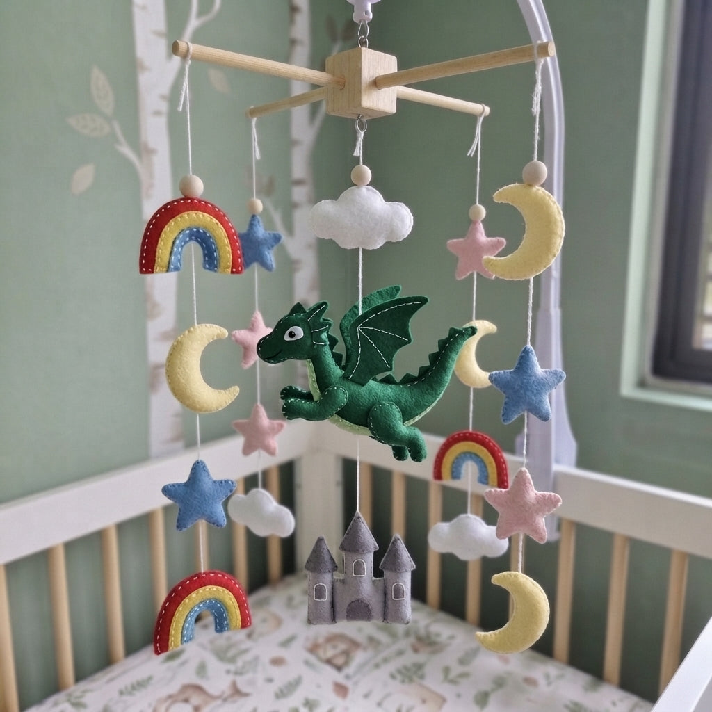 Fantasy Dragon Baby Mobile, Handmade Felt Crib Hanging with Castle, Rainbow, Moon and Stars, Magical Nursery Decor
