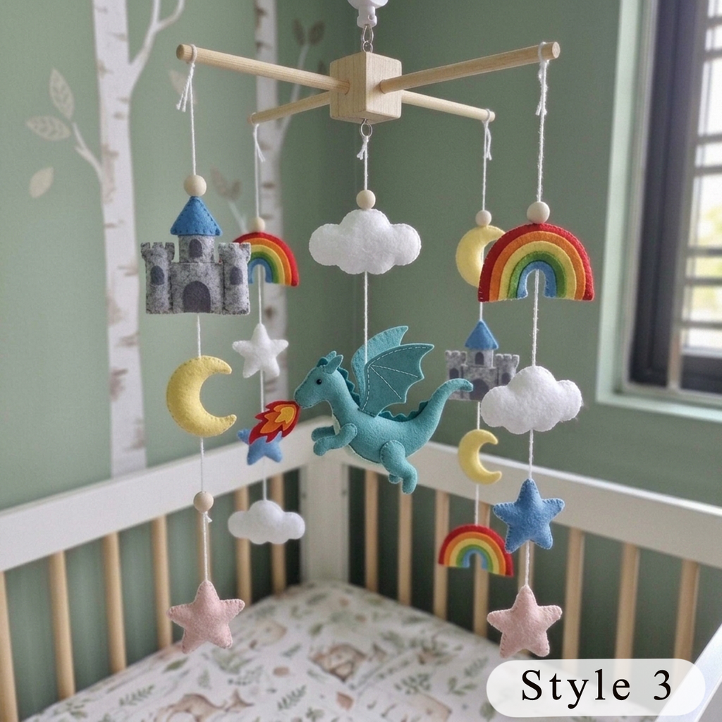 Fantasy Dragon Baby Mobile, Handmade Felt Crib Hanging with Castle, Rainbow, Moon and Stars, Magical Nursery Decor