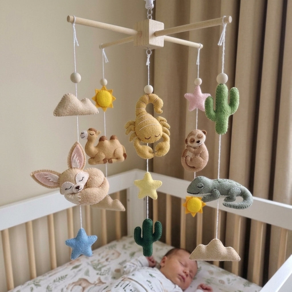 Desert Adventure Felt Crib Mobile, Handmade Boho Nursery Hanging with Cactus, Sun and Stars, Baby Shower Gift