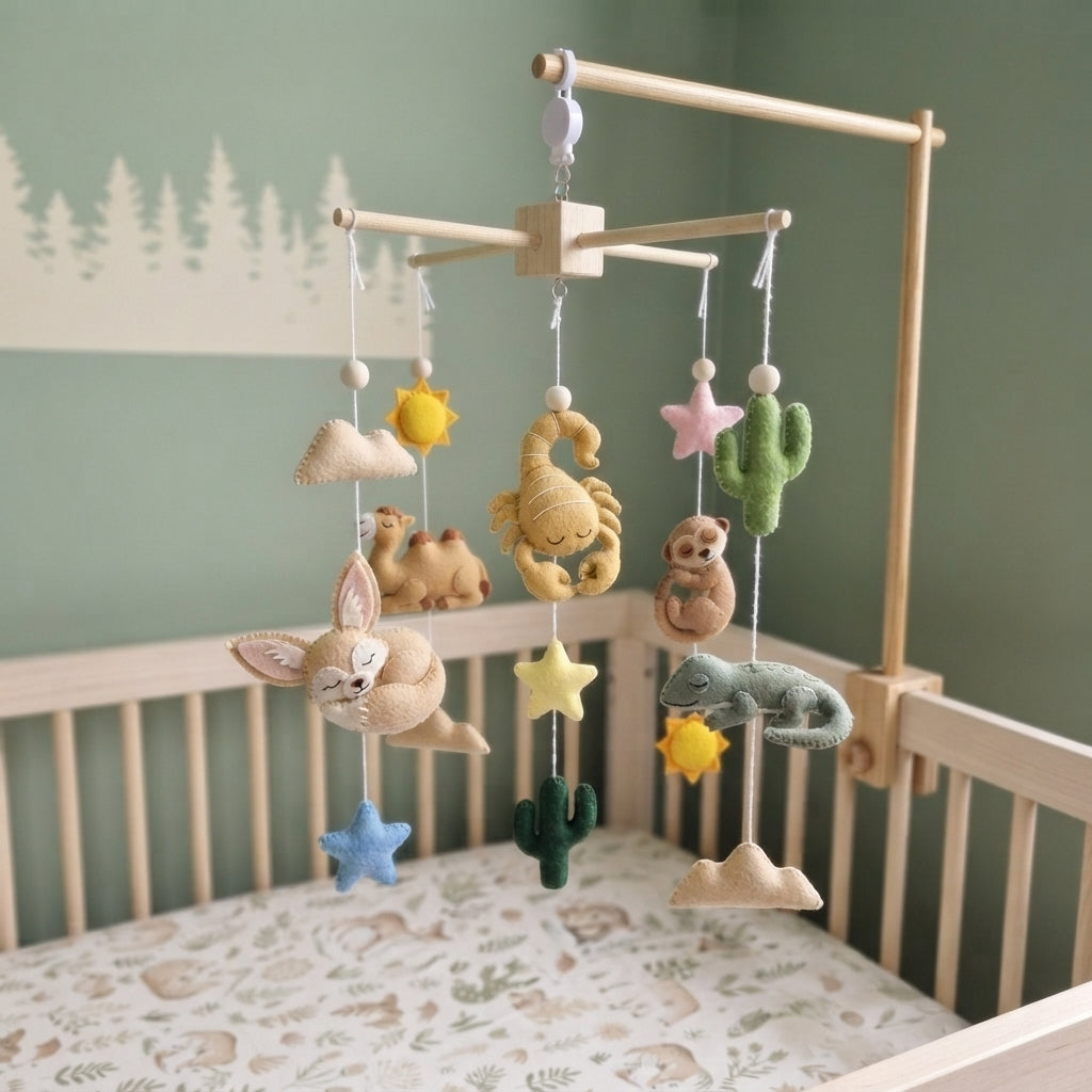 Desert Adventure Felt Crib Mobile, Handmade Boho Nursery Hanging with Cactus, Sun and Stars, Baby Shower Gift