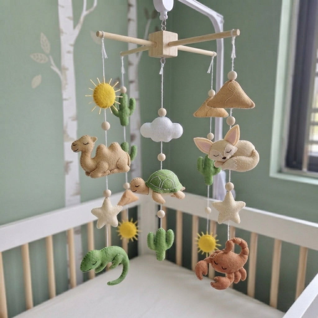 Desert Adventure Felt Crib Mobile, Handmade Boho Nursery Hanging with Cactus, Sun and Stars, Baby Shower Gift