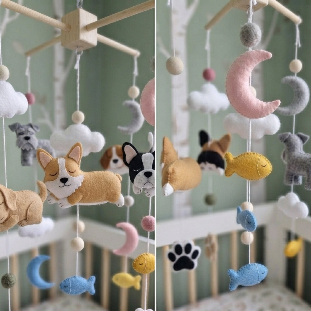 Sleepy Pet Felt Nursery Mobile, Handmade Crib Hanging with Moons, Clouds and Paw Prints, Newborn Baby Gift