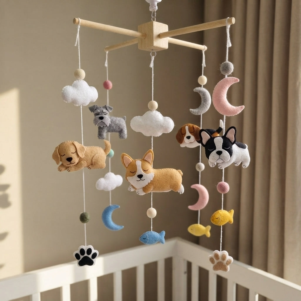 Sleepy Pet Felt Nursery Mobile, Handmade Crib Hanging with Moons, Clouds and Paw Prints, Newborn Baby Gift