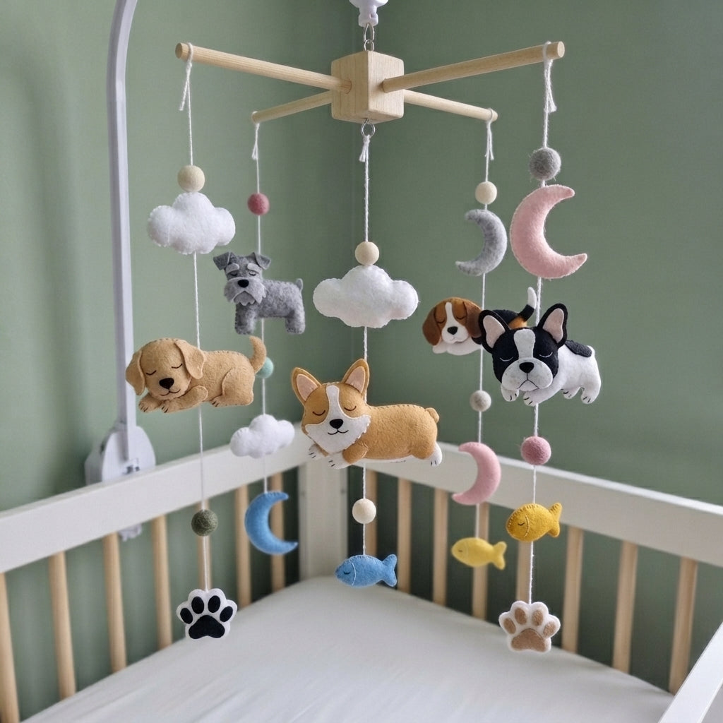 Sleepy Pet Felt Nursery Mobile, Handmade Crib Hanging with Moons, Clouds and Paw Prints, Newborn Baby Gift