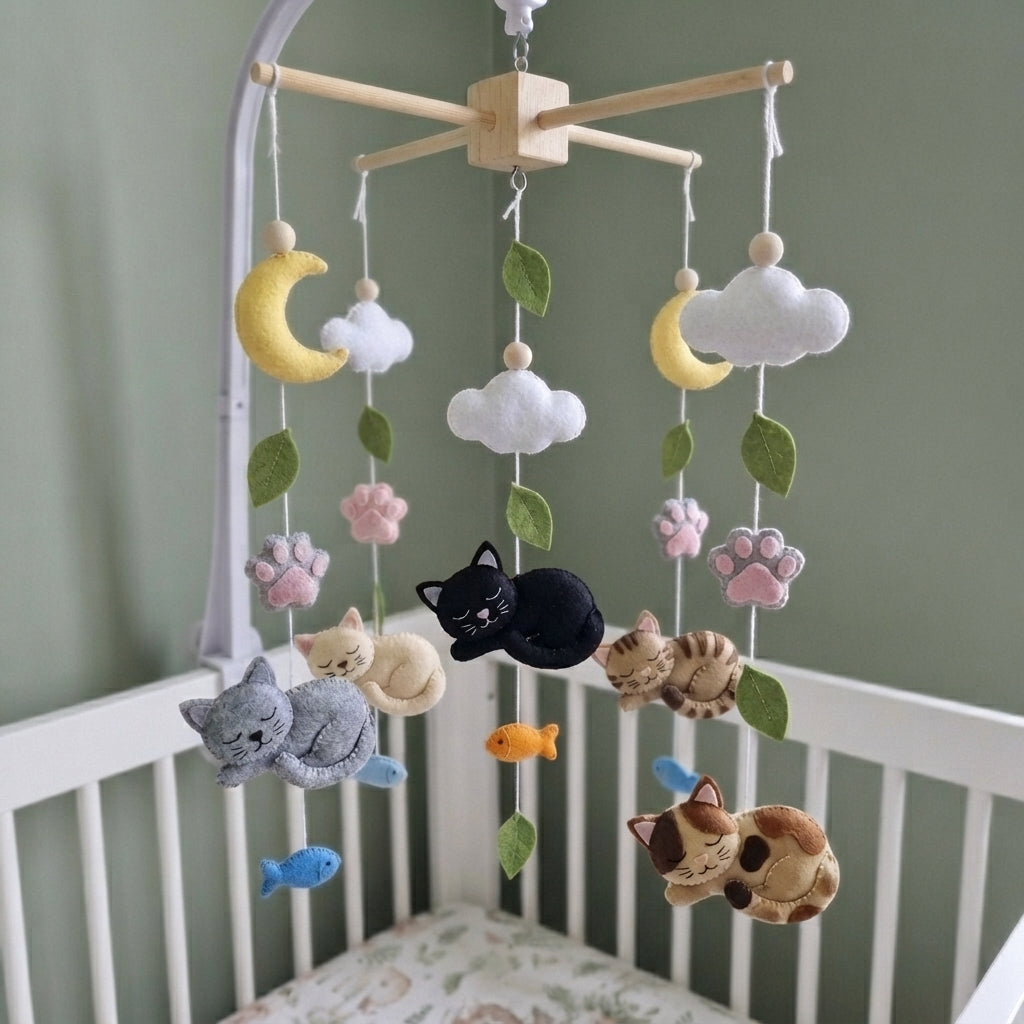 Dreamy Cat Felt Crib Mobile, Handmade Nursery Hanging with Moons, Clouds, Paw Prints and Fish, Baby Shower Gift