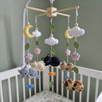 Dreamy Cat Felt Crib Mobile, Handmade Nursery Hanging with Moons, Clouds, Paw Prints and Fish, Baby Shower Gift