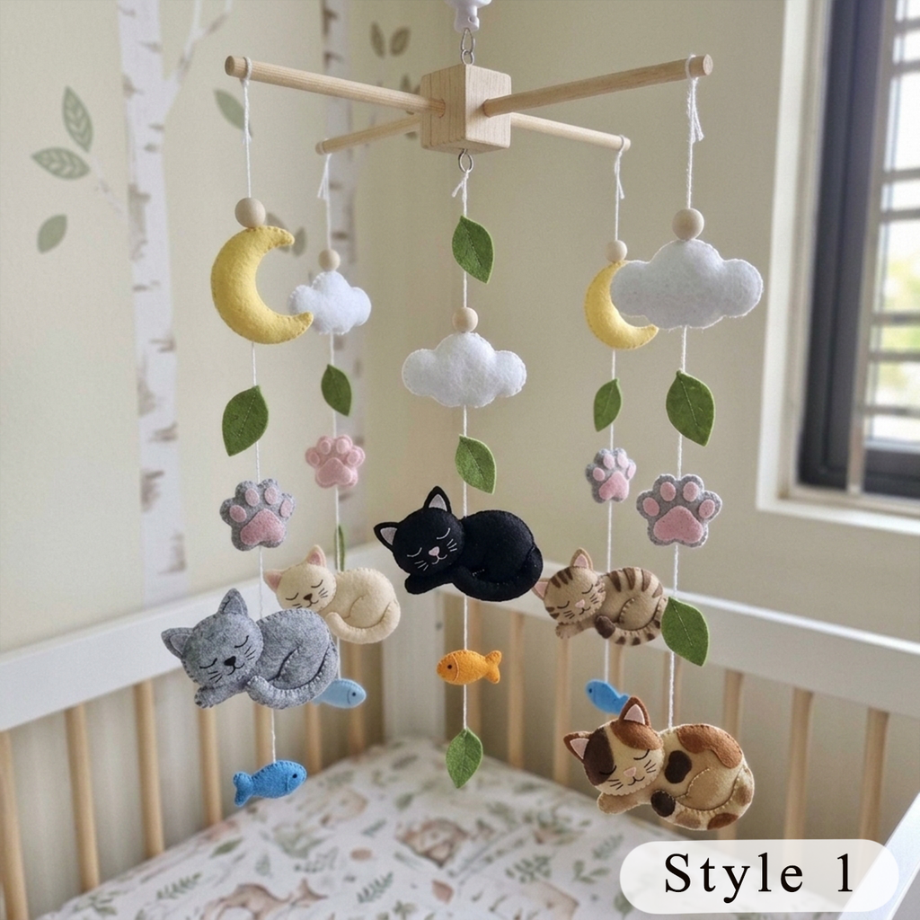 Dreamy Cat Felt Crib Mobile, Handmade Nursery Hanging with Moons, Clouds, Paw Prints and Fish, Baby Shower Gift