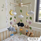 Dreamy Cat Felt Crib Mobile, Handmade Nursery Hanging with Moons, Clouds, Paw Prints and Fish, Baby Shower Gift