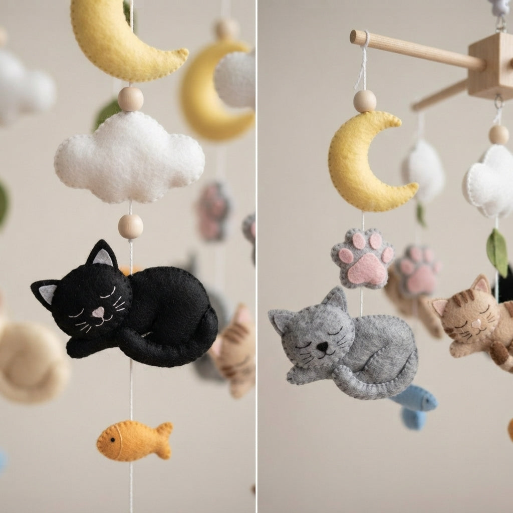 Dreamy Cat Felt Crib Mobile, Handmade Nursery Hanging with Moons, Clouds, Paw Prints and Fish, Baby Shower Gift
