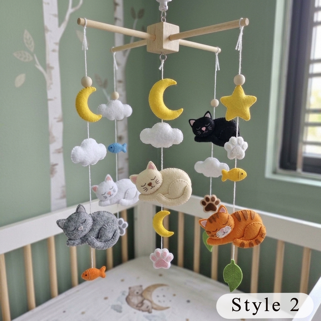 Dreamy Cat Felt Crib Mobile, Handmade Nursery Hanging with Moons, Clouds, Paw Prints and Fish, Baby Shower Gift