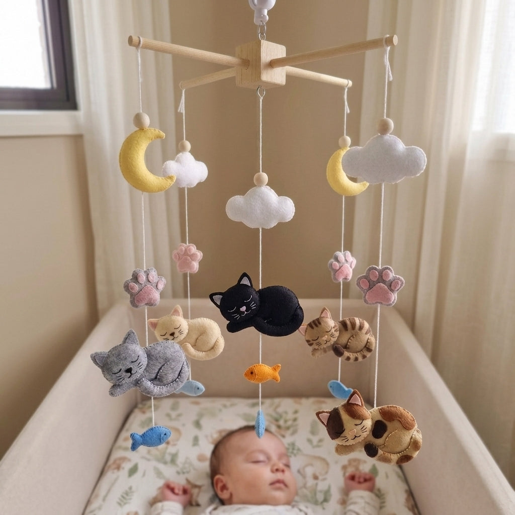 Dreamy Cat Felt Crib Mobile, Handmade Nursery Hanging with Moons, Clouds, Paw Prints and Fish, Baby Shower Gift
