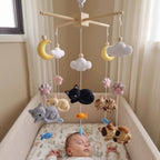 Dreamy Cat Felt Crib Mobile, Handmade Nursery Hanging with Moons, Clouds, Paw Prints and Fish, Baby Shower Gift
