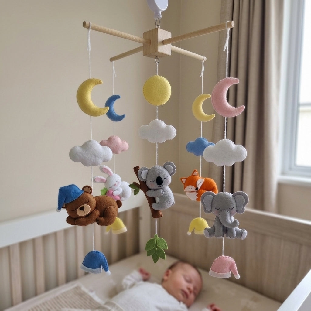 Bedtime Friends Felt Crib Mobile, Sleeping Woodland Nursery Decor with Moon and Clouds, Handmade Newborn Gift