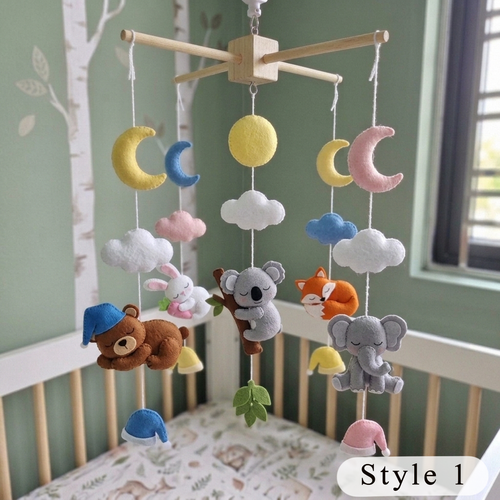 Bedtime Friends Felt Crib Mobile, Sleeping Woodland Nursery Decor with Moon and Clouds, Handmade Newborn Gift