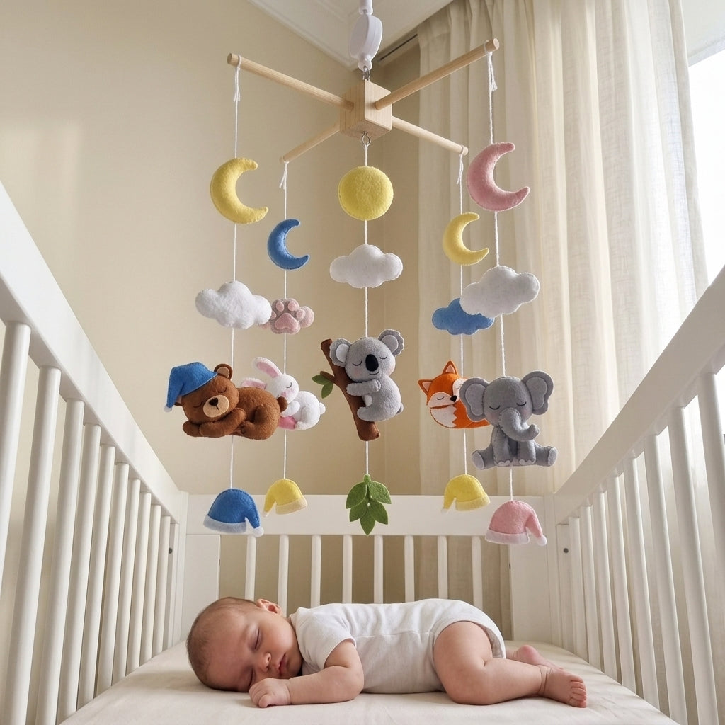 Bedtime Friends Felt Crib Mobile, Sleeping Woodland Nursery Decor with Moon and Clouds, Handmade Newborn Gift