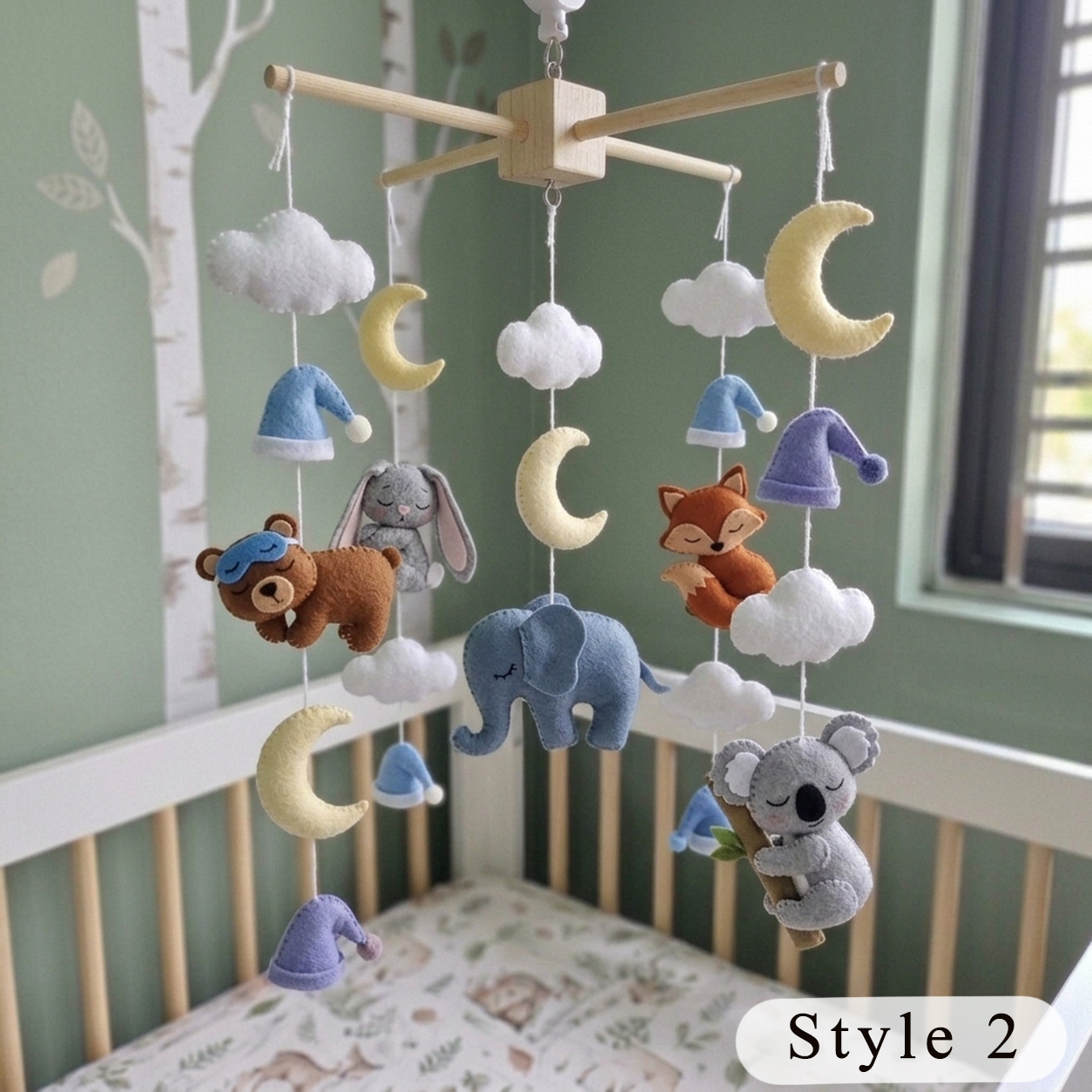 Bedtime Friends Felt Crib Mobile, Sleeping Woodland Nursery Decor with Moon and Clouds, Handmade Newborn Gift